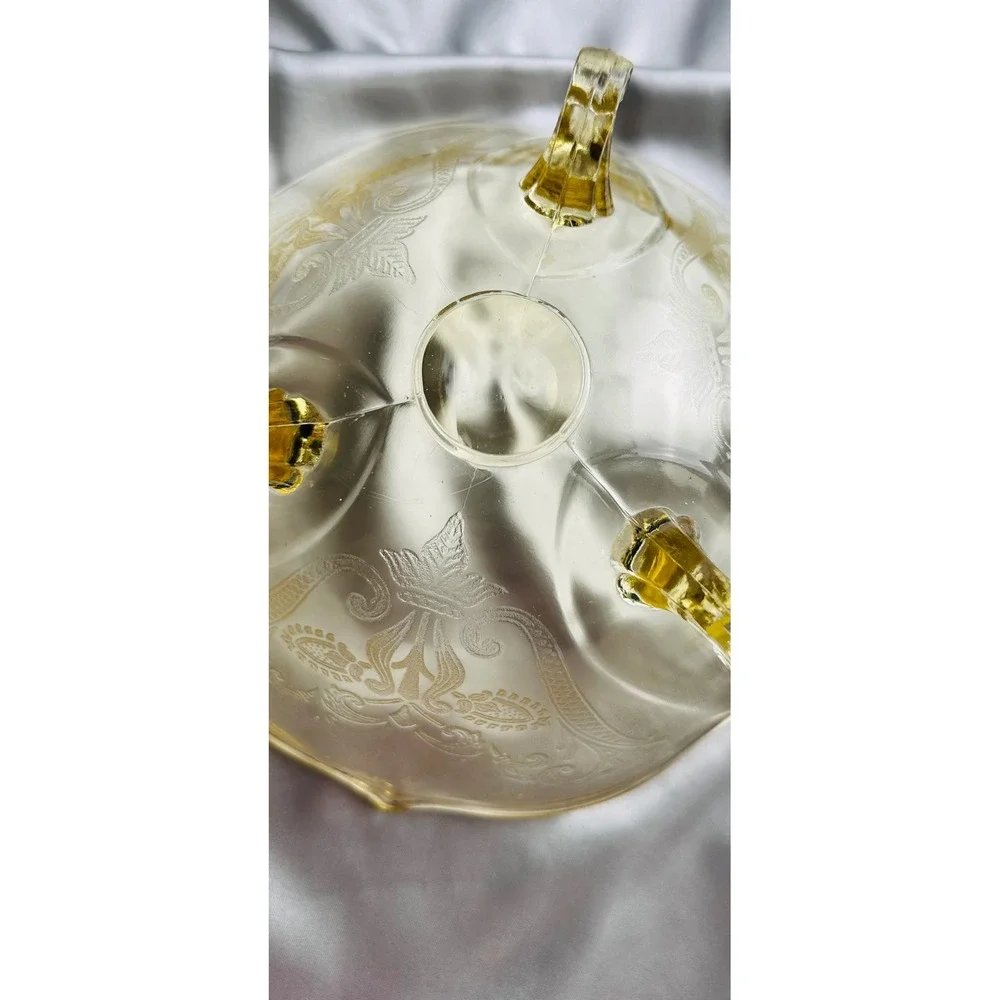 Lancaster Landrum Topaz Yellow Etched Glass 3 Footed Bowl Scalloped 8.5